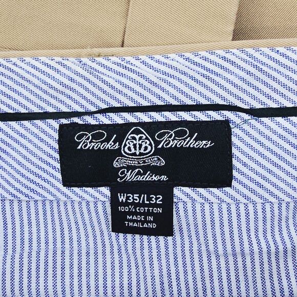 Brooks Brother Country Club Madison Pants 35x32 Khaki Pleated Cuffed - Picture 5 of 8